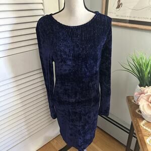 Vintage BETTINA BIEDEL Dress Womens Small Blue Ribbed Chenille Shift Retro 90s